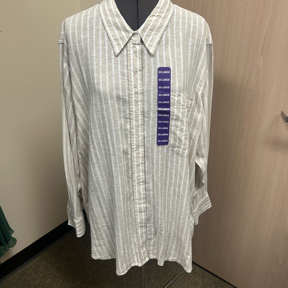 GAP Women's Linen Striped Button Down Shirt - Gray and White - Picture 1 of 13